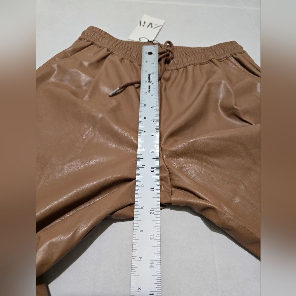 NWT Zara Drawstring Faux Leather Joggers  In Tan Size Xs - Picture 5 of 12